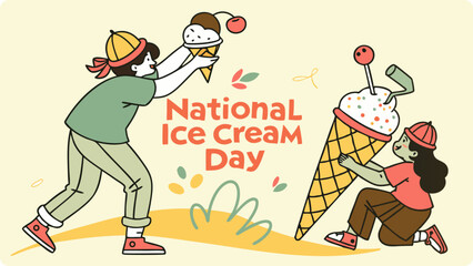 Naklejka premium Two children joyfully share ice cream cones in celebration of national ice cream day