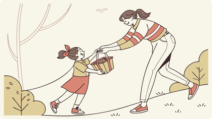 Obraz premium A mother gives her daughter a picnic basket in a park