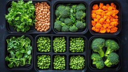 Black rectangular containers with fresh vegetables, black beans, and orange-colored inspiration for healthy meal prep boxes. Top view of multiple food bowls on a dark background. A flat lay