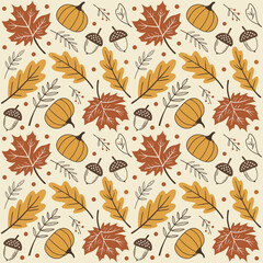 Obraz premium Seamless Autumn Pattern with Maple Leaves, Acorns, and Pumpkins in Earthy Fall Colors