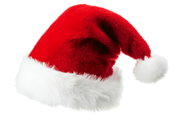 Festive red Santa hat isolated on transparent background — high-resolution Christmas holiday PNG cut-out for seasonal graphic design, winter marketing, greeting cards, and e-commerce mock-ups
