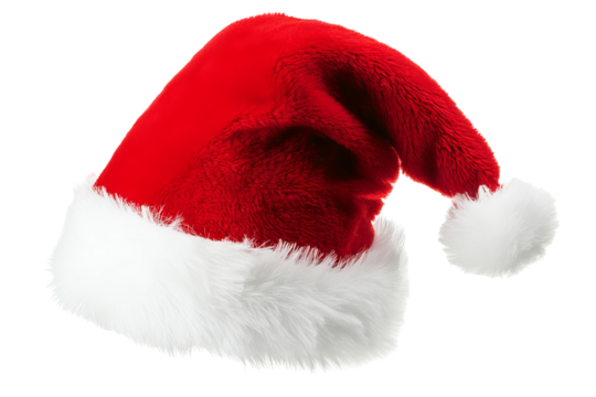 Festive red Santa hat isolated on transparent background — high-resolution Christmas holiday PNG cut-out for seasonal graphic design, winter marketing, greeting cards, and e-commerce mock-ups