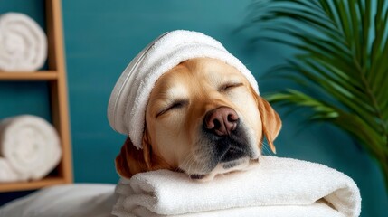A relaxed wrapped in a spa robe and cap relaxing and enjoys a spa day. concept of services for dogs and pet care. Pampered canine wellness luxurious pet grooming and tranquil spa