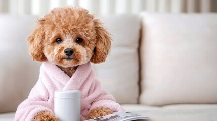 Adorable baby red poodle enjoying spa day in pink robe while reading dog magazine on white sofa in serene setting. Pampered pup relaxes a fluffy friend s tranquil afternoon of grooming