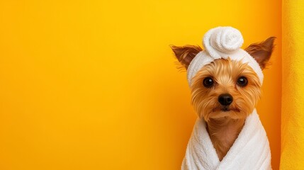 A small dog stands poised with a towel turban wearing a fluffy white spa bathrobe evoking a sense of indulgence and care. Pampered pup enjoys luxurious bathrobe treatment a fluffy white