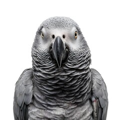 Obraz premium Close-up portrait of a gray parrot against a white background, showcasing its intricate feathers and expression