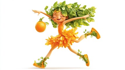 Animated girl, orange-themed, joyful pose, holding orange fruit