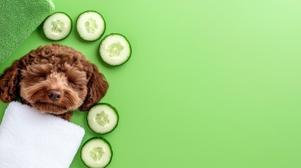 Black and tan dachshund dog in wellness spa with cucumber on eyes covered with a towel. Pampered canine enjoys luxurious treatment a relaxing spa experience for a miniature dachshund