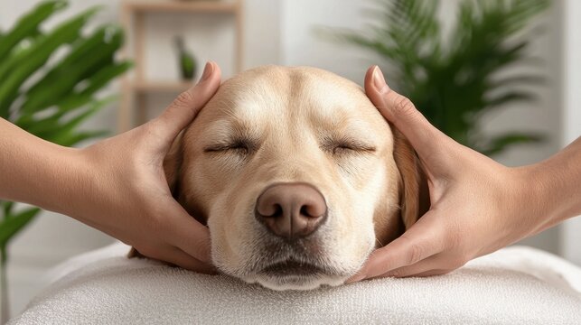 A relaxed dog enjoying a soothing massage with gentle hands in a tranquil setting filled with plants. Serene canine spa treatment calming touch therapy amidst lush greenery for ultimate