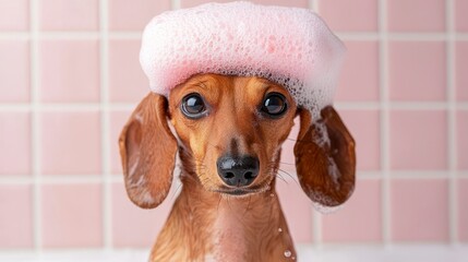 Dachshund dog enjoys a bubble bath at pet spa. A pampered pup luxuriates in a sudsy soak a delightful canine experience at a grooming facility.