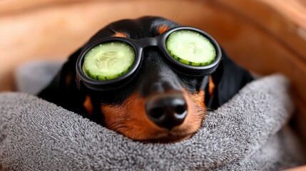 dog dachshund black and tan relaxed from spa procedures on face with cucumber covered with a towel. Pampered canine a sleek black and tan dachshund enjoys post treatment tranquility