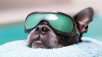 French bulldog enjoying a spa day with a calming beauty mask while resting peacefully on a soft surface. Pampered pooch blissfully unwinds during a luxurious wellness treatment a tranquil