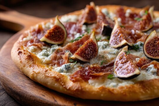 Pizza topped with figs, prosciutto, and gorgonzola - Powered by Adobe