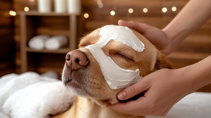 Little dog at spa. Pampered pup enjoys luxurious canine grooming treatment.