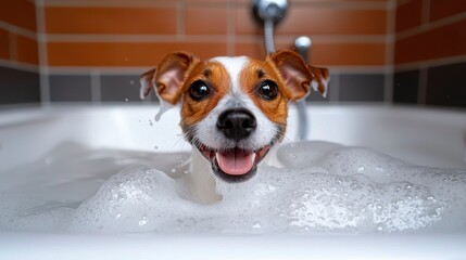 Joyful terrier dog in bathtub full of soap foam. AI generative. A happy canine enjoying a bubbly bath digitally created image.