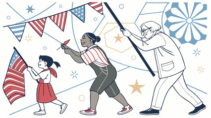 A diverse family celebrates a patriotic holiday together, carrying flags and enjoying festive decorations