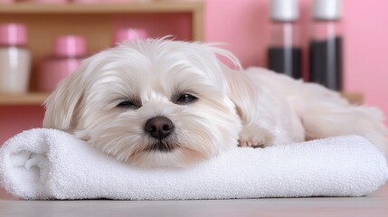 Little maltese dog at spa. Pampered canine enjoys luxurious grooming treatment at a pet wellness center.