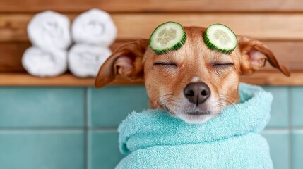 Pampered dog enjoying a luxurious day spa experience with bubbles and cucumbers over its eyes. Canine wellness retreat a delightful spa journey featuring effervescent treatments and cool