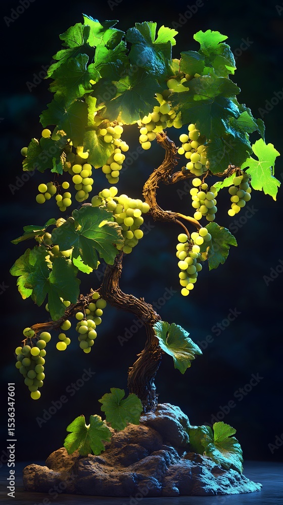 Poster a stylized bonsai grapevine with luminous clusters of grapes.