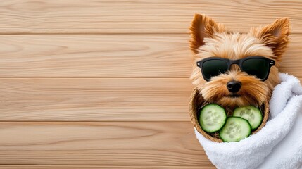 Yorke terrier dog relaxing with cucumber slices in a spa. Funny grooming wallpaper with copy space. Advertisement for sales and promotions. Pampered pooch enjoys refreshing cucumber