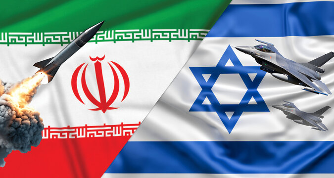 The flags of Israel and Iran are both made of texture. Concept illustration depicting the conflict war between Iran and Israel. war and background concept. double exposure hologram