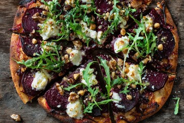 Pizza with beetroot, goat cheese, and hazelnuts