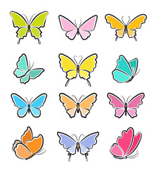 Set of cartoon butterflies, simple lines, various shapes of wings and colors, vector design