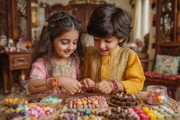 Fototapeta premium Little girl tying rakhi on her brother's wrist surrounded by traditional sweets
