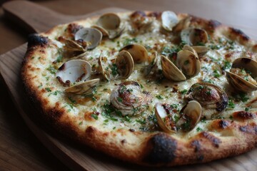 Pizza with clams, garlic, and parsley