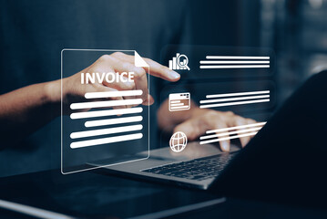 Digital Business Management: Hands interacting with virtual invoice documents and business icons (chart, network, globe) on a laptop, representing efficient online administration, financial processes.
