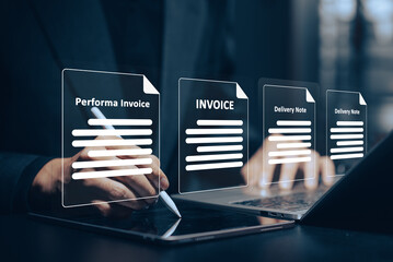 Digital Invoice Management: A hand uses a stylus to interact with glowing virtual invoices on a...