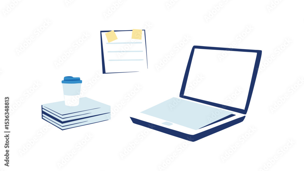 Poster capturing the essence of a productive workspace with laptop coffee notes and minimalist vector