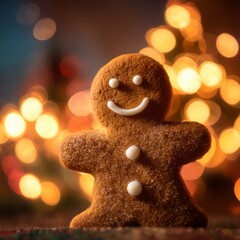 A gingerbread man cookie sits against a blurry background of warm Christmas lights. Perfect for winter holidays and cozy coffee breaks. 