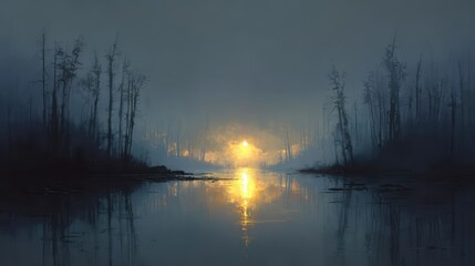 A lone spit of land with dark trees on a moody lake at twilight.
