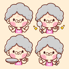 Cute Grandma Chef Cartoon with Cooking Utensils restaurant logo vector illustration