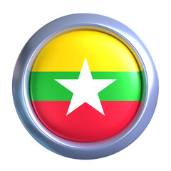 3D Myanmar Flag with circle metallic frame, showcasing national emblem detail in a polished, modern design. Perfect for apps, UI, or educational use