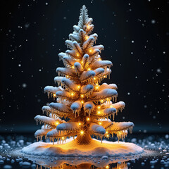 A magical, golden-hued Christmas tree, covered in sparkling snow and icicles, radiates a warm glow from its festive lights, reflecting on a dark, icy surface.
