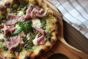Pizza with pistachio pesto, mortadella, and stracciatella
