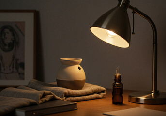 Minimal ceramic oil diffuser with dropper bottle under desk lamp