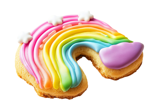 High-resolution rainbow-glazed sugar cookie isolated on transparent background PNG cutout — vibrant bakery treat ideal for festive dessert graphics, holiday menus, and creative digital design projects