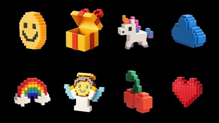 Pixelated icons with vibrant colors animation isolated asset, transparent 4K video, alpha channel, ProRes 4444 set - Powered by Adobe