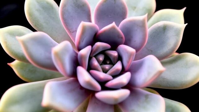 A lavender  pale green succulent with triangular leaves is isolated on black