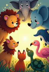 A delightful gathering of cute cartoon animals in a circle, including a lion, elephant, and dolphin, united around a bright central light for a friendship theme.
