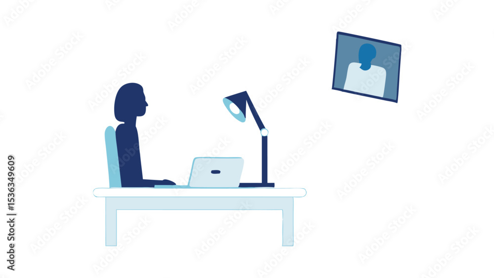 Poster a focused worker in a minimalist workspace illuminated by a desk lamp dreaming of connections on the