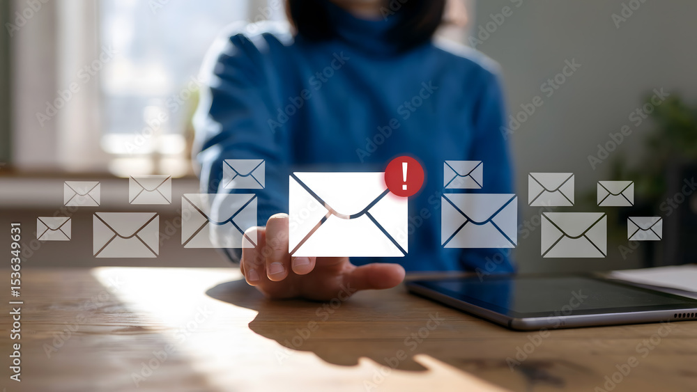 Aufkleber woman interacts with digital email notifications showcasing inbox management and online communicatio