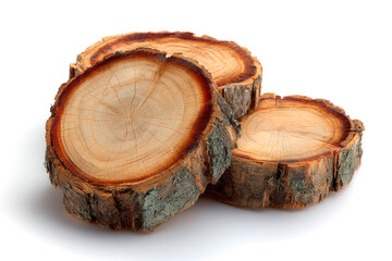 Natural wooden slices with bark isolated on white background