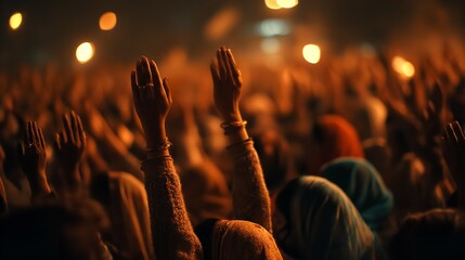 A sea of hands raised in hopeful prayer during a spiritual gathering bathed in warm amber light captured with soft focus