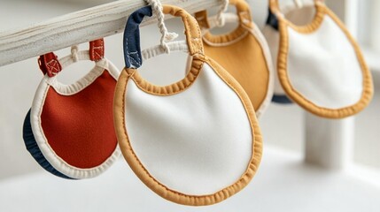 Adorable baby bibs hanging on wooden rack soft colors and simple design