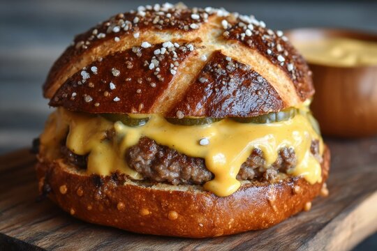 Pretzel bun burger with mustard sauce