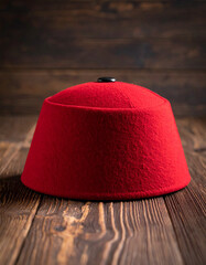 A traditional "chechia" (fez-like cap) made of red felt, resting on a wooden surface, indicating cultural identity.